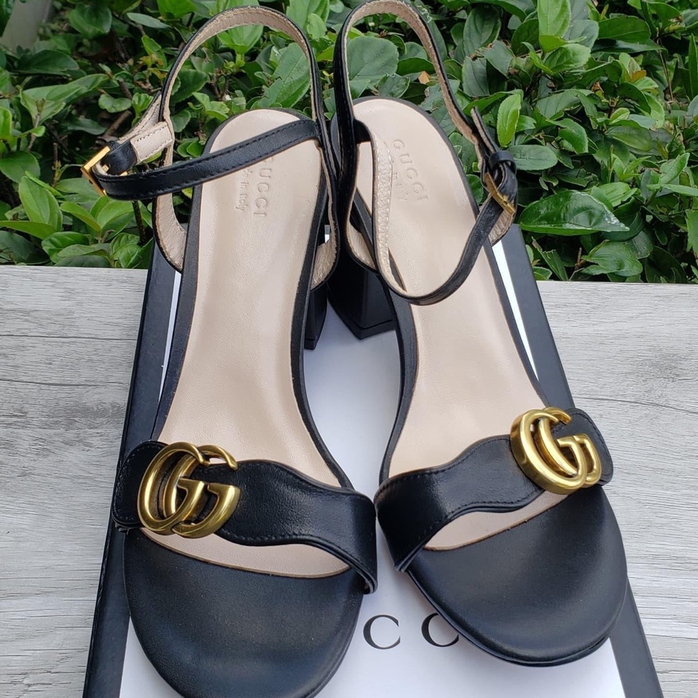 COPY - Gucci Double G gold-toned high-heel leather sandals.